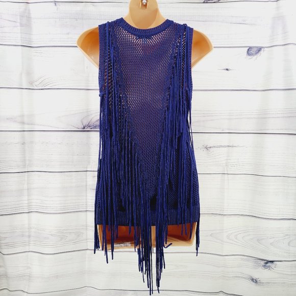 TORN BY RONNY KOBO Ronja Navy Fringed Knit Top XS - Picture 3 of 6